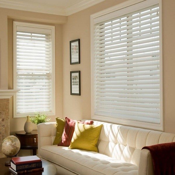 Living Room with Faux Wood Blinds